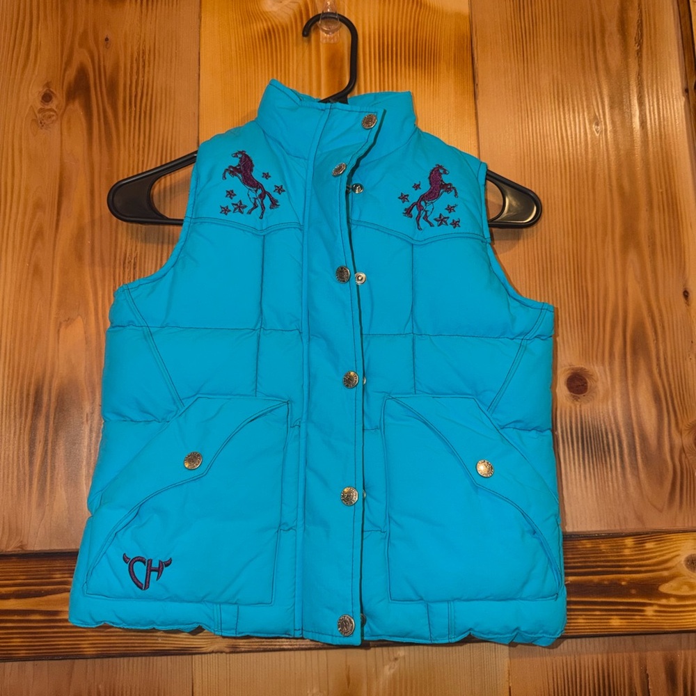 Blue Puffer Vest with Horse Embroidery